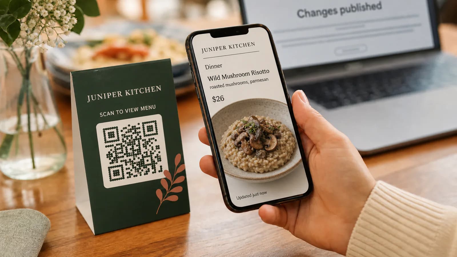 A guest phone showing an updated dish price beside the restaurant's existing QR table card