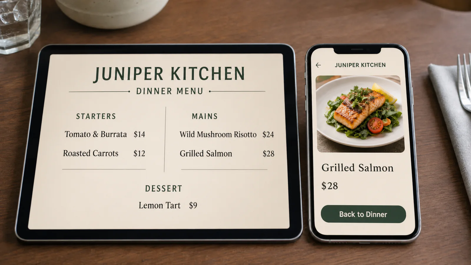 A tablet showing a dense fixed menu beside a phone showing one clear mobile dish card