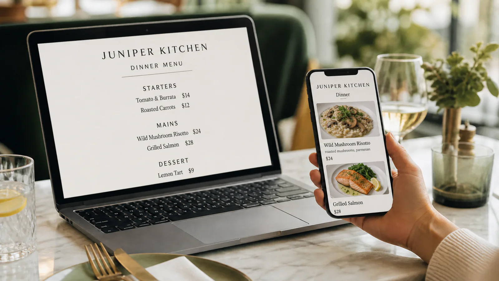 A dense restaurant PDF on a laptop beside a structured mobile menu on a phone